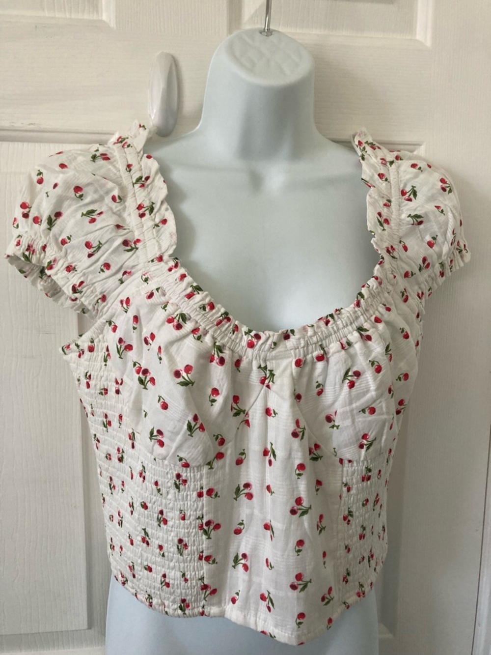 Sienna Sky White Cherry-Print Ruched Square-Neck Crop Top